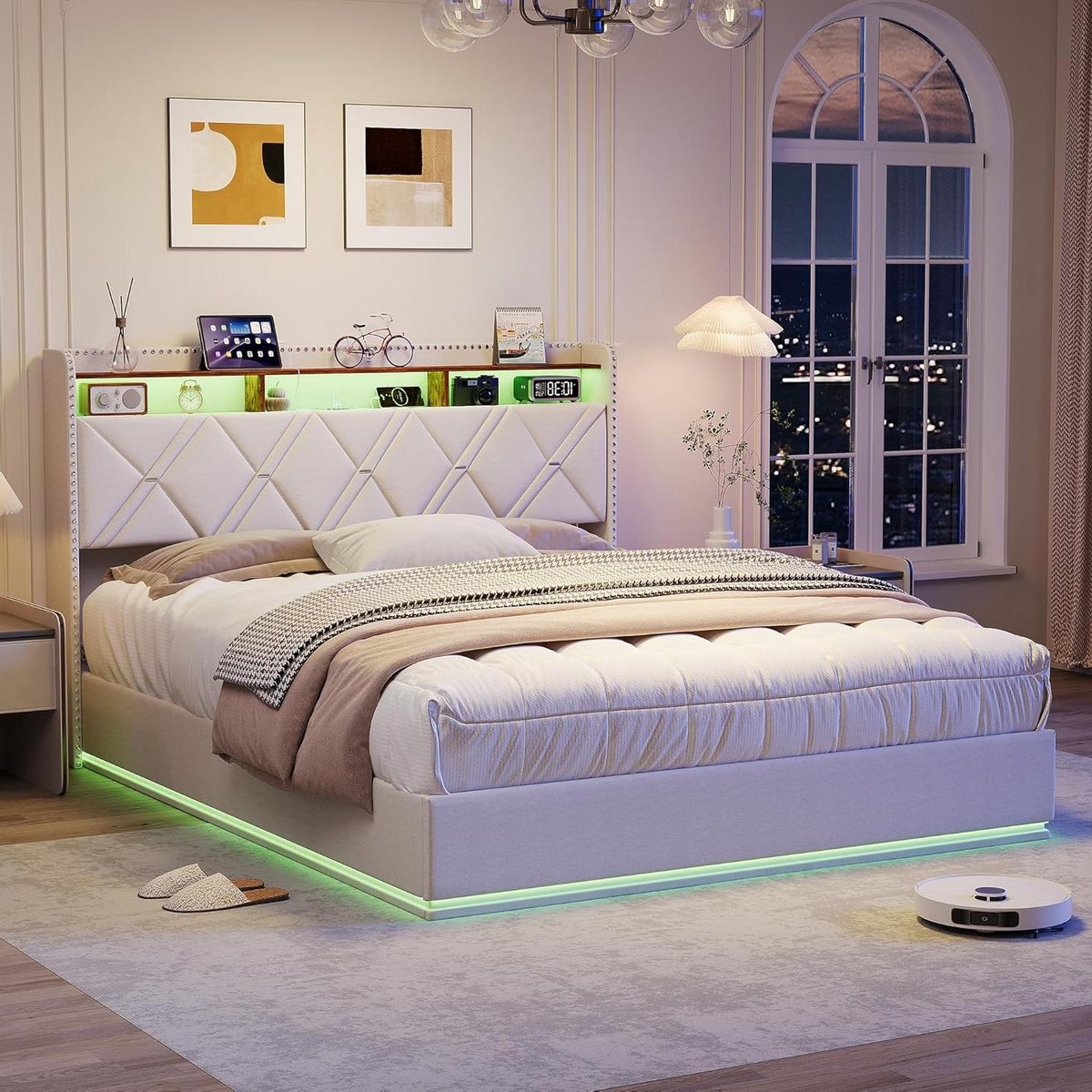 Gestoffeerd Tweepersoonsbed - Linnen Bedframe - Slaapkamer Inrichten - Met LED en Opbergruimte - 160x200 cm - Beige