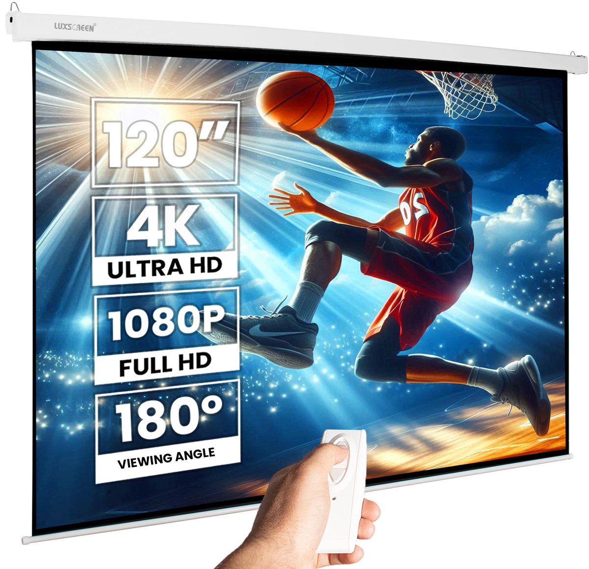 SnelShoppen - Gemotoriseerd Projectiescherm voor Projector - Zelfoprolbaar, 264 x 150 cm, Wit Gelakt Staal, Draadloze Afstandsbediening, Compatibel me