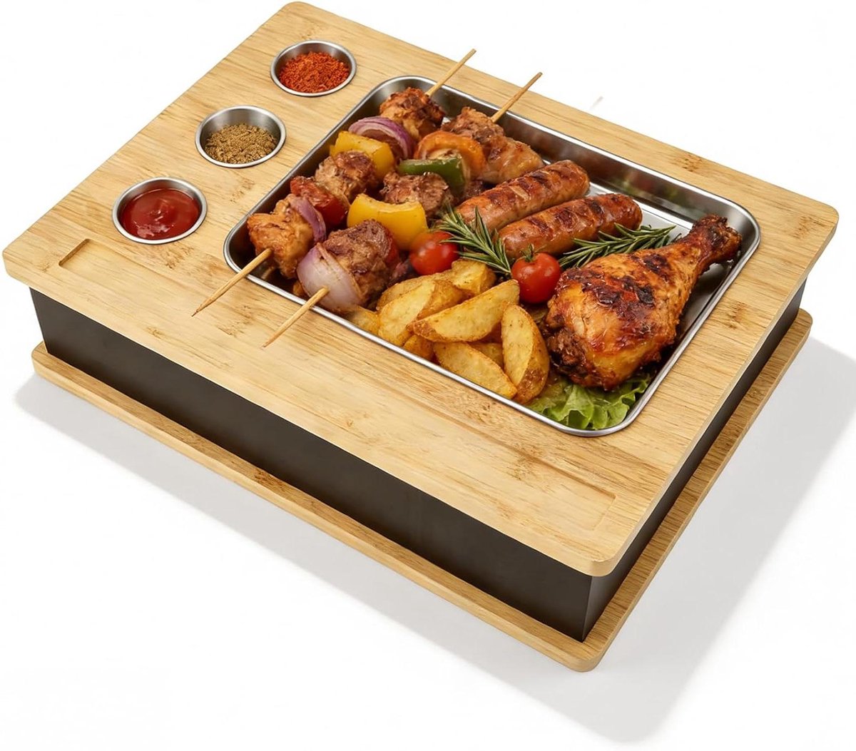 Warmhoudplaat Grillgerechten - BBQ Serveerschaal Diner Warmer - Eten Warm Houden - Kaarsverwarming Systeem - 40 x 30 cm - Zilver