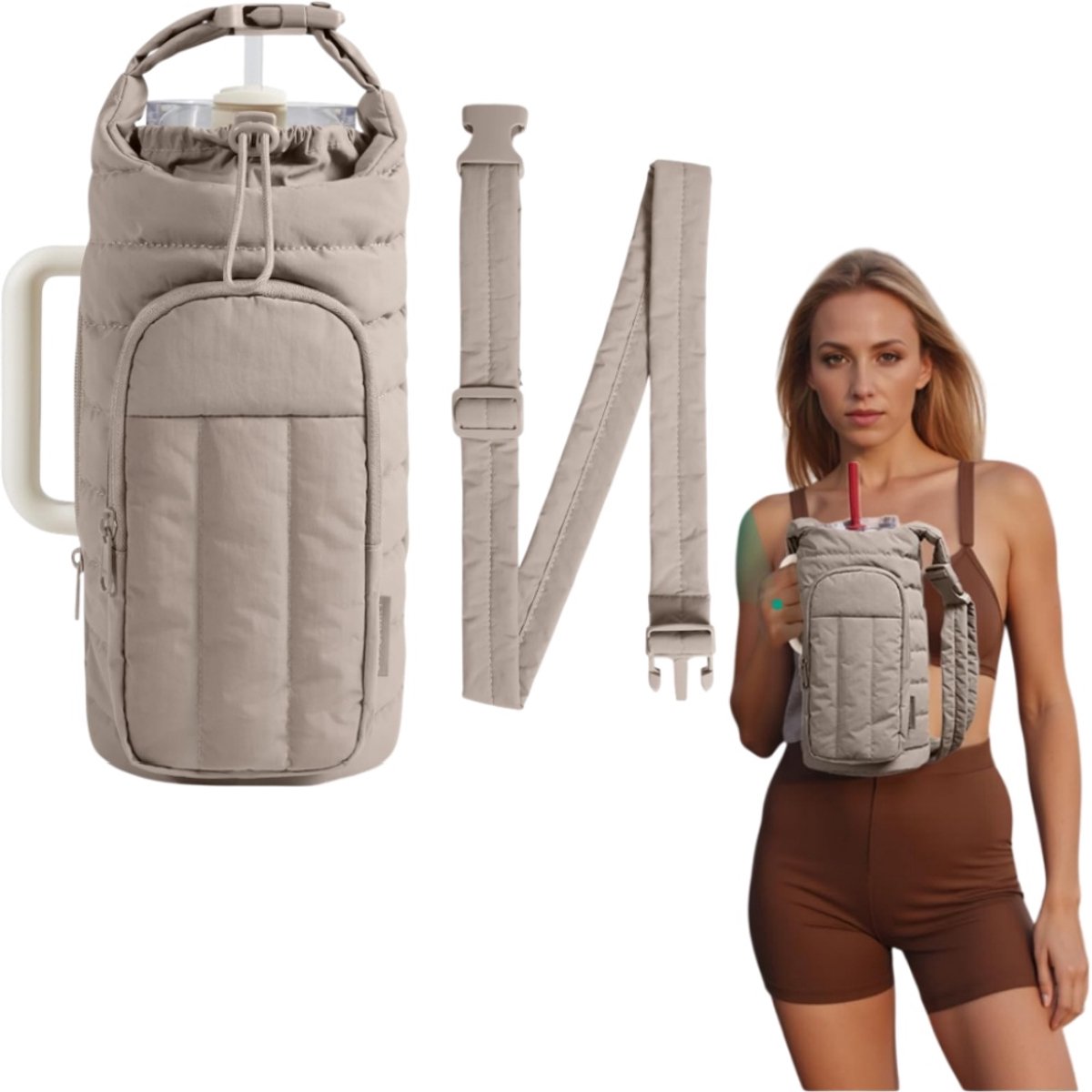 1 stuk - Hoes voor waterfles - Gewatteerde schouderriem - Geïsoleerde waterfleshouder - Reistas voor drinken - 14 × 12 × 26 cm - Waterfleshouder voor dames, geschikt voor fitness en outdooractiviteiten - Khaki