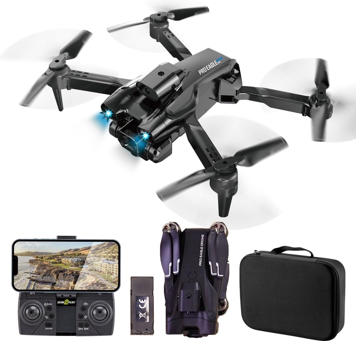 SnelShoppen - Gear2Play Pro Eagle Drone met WiFi FPV Camera, Dual Camera's, 360° Flips, Headless Modus, Obstakel Detectie, LED Verlichting, 2.4GHz Con