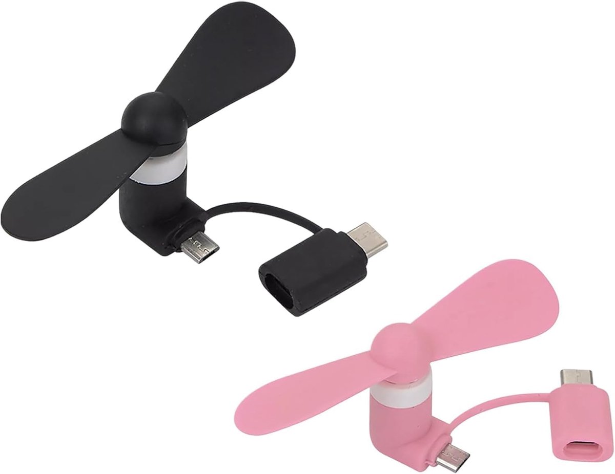 SnelShoppen - Mini-ventilator voor Mobiele Telefoon, 2-in-1 Draagbare USB Ventilator, Stil en Klein, 2 Stuks, Micro-USB en Type C, Perfect voor Androi