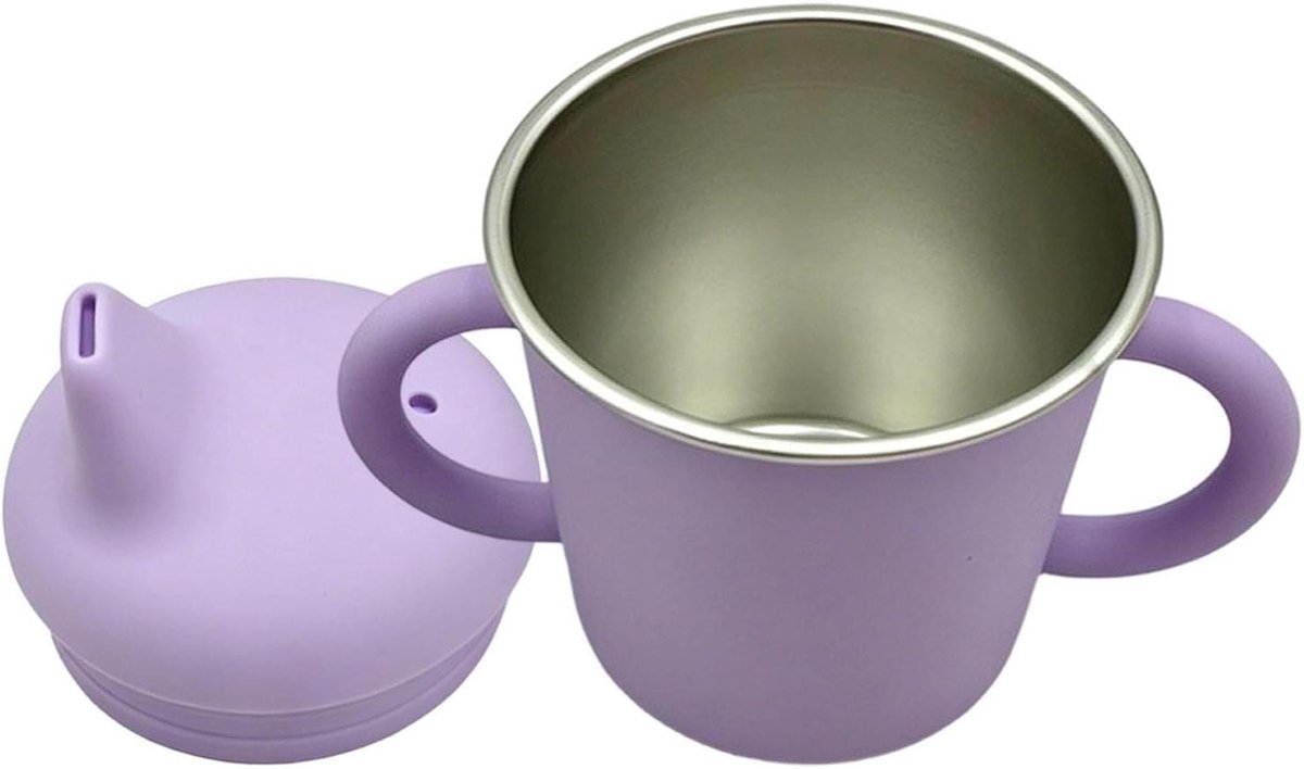 Kinderen Drinkbekers - Rietjesbeker Kleuter - Veilig Drinken - Afneembaar Eendensnaveldeksel - 200 ml - Paars