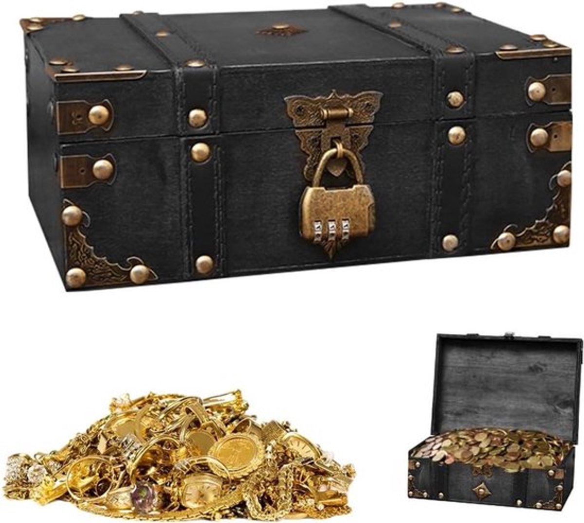 Houten Schatkist met Cijferslot - Vintage Piratenkist - 24 x 17 x 9,5 cm - Verjaardagen, Bruiloften, Decoratie