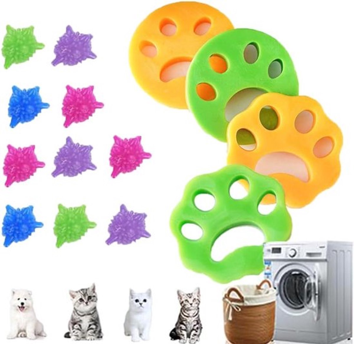 Set van 4 dierenhaarverwijderaars en 10 herbruikbare pluisvangers voor wasmachine (groen en oranje) - Huisdierhaar verwijderen - Wasmachine accessoires