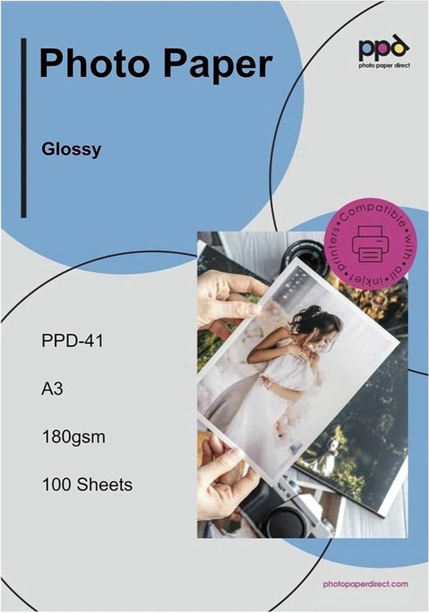 SnelShoppen - A3 Fotopapier 100 vellen 180g/m2 Hoogglans Waterbestendig voor Inkjet Printers - Direct Droog, Scherpte, Kleurnauwkeurigheid, Ideaal voo