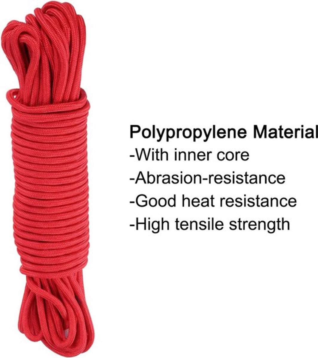Gevlochten rode 1/2 inch (12 mm) waslijn van polypropyleen, 45 meter lang voor binnen en buiten camping gebruik.