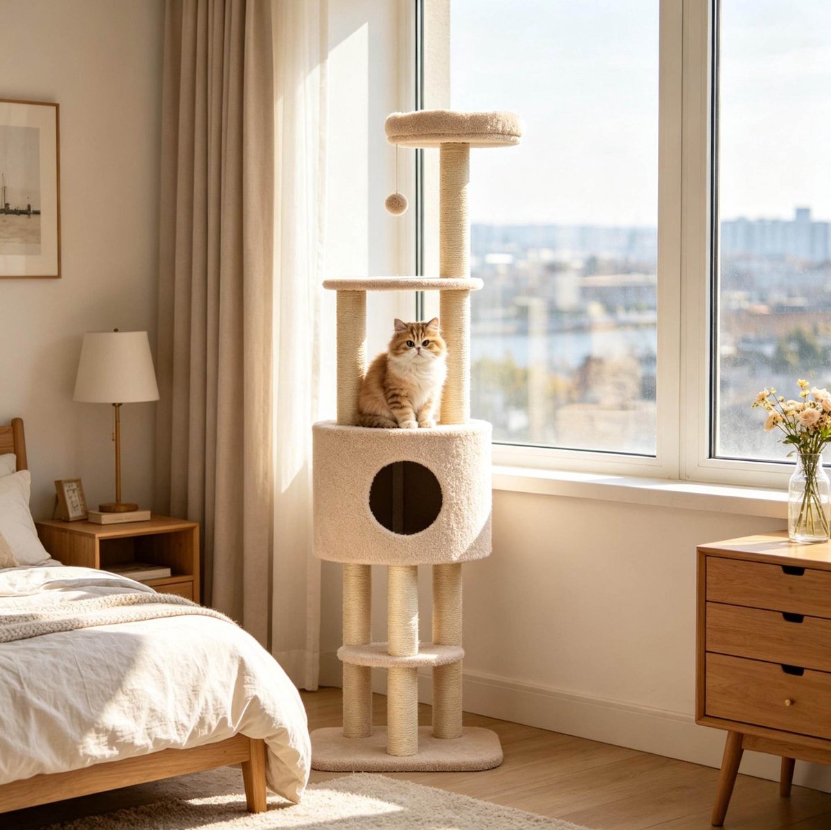 MIVRAY Krabpaal - Met Huisje En Speelbal - 148 Cm - Hout, Pluche En Sisal - Beige - Voor Klimmen, Krabben En Rusten