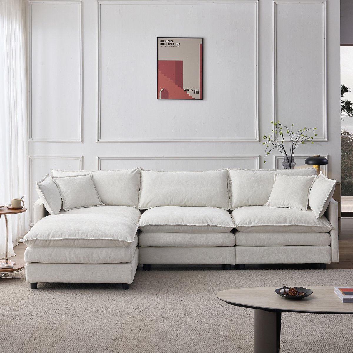 COVREO Hoekbank 267x154x85 cm – beige chenille, 3-zits, met hocker en afneembare hoezen