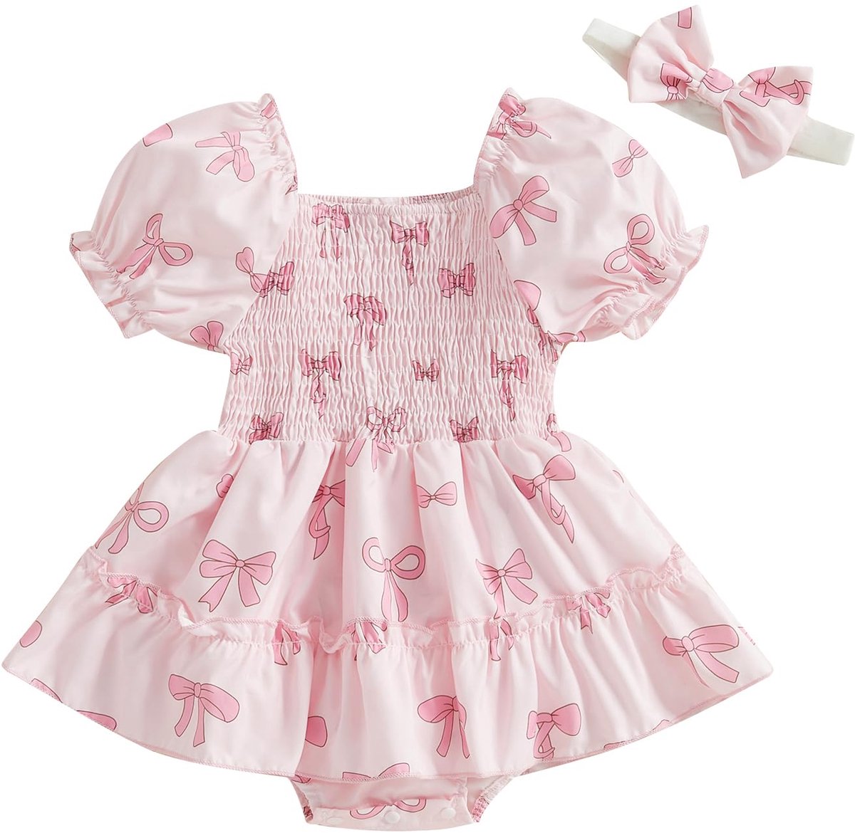 SnelShoppen - Edhomenn Babymeisjes Rompertje met Strikprint Puff Korte Mouwen Jumpsuit met Hoofdband Set - Casual Pasgeboren Meisjes Kleding 2-delige