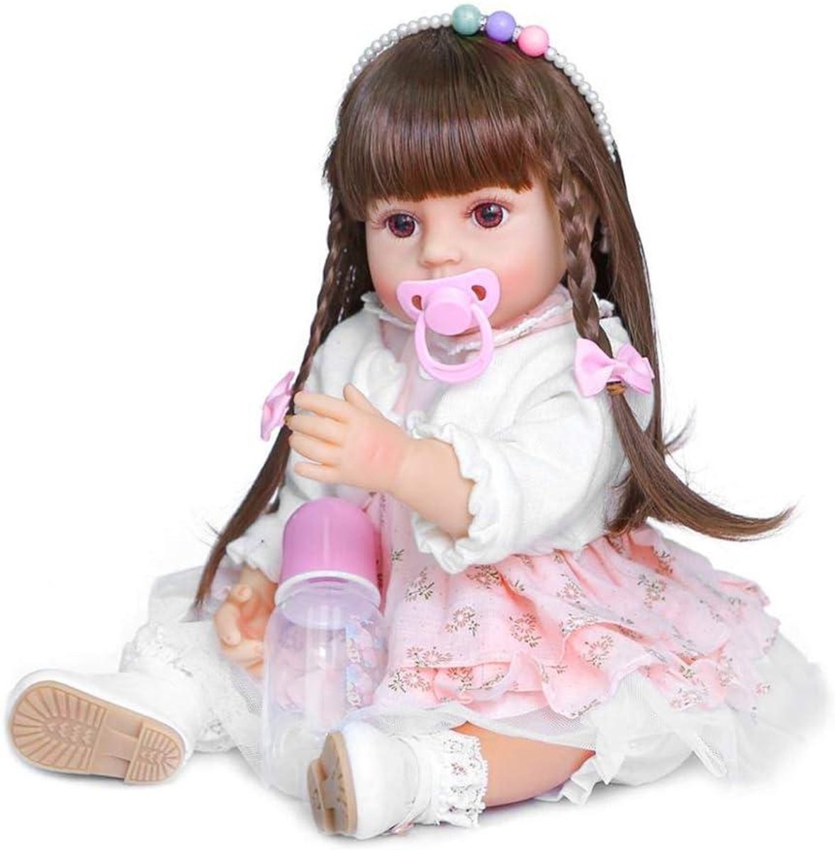 Babypop - Realistische pop Speelgoedpop - Kinderspel - Volledig lichaam siliconen - 55 cm - bruin haar
