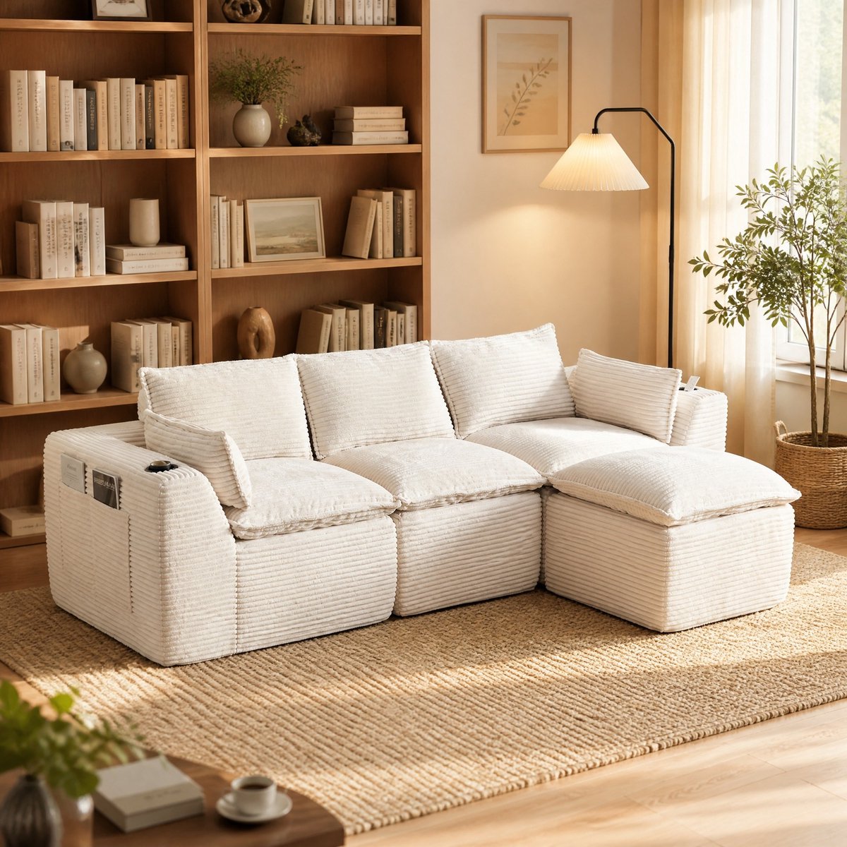 COVREO Modulaire bank 256x161x75 cm – 3-zits met voetbank, corduroy, beige, bekerhouder