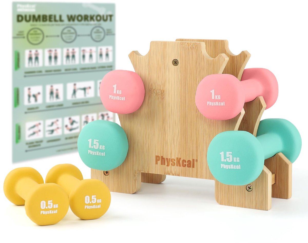 SnelShoppen - Halterset met standaard, handgewichten voor beginners, 2 x 0,5 kg, 2 x 1 kg, 2 x 1,5 kg, krachttraining, fitness, thuistraining, opbergr