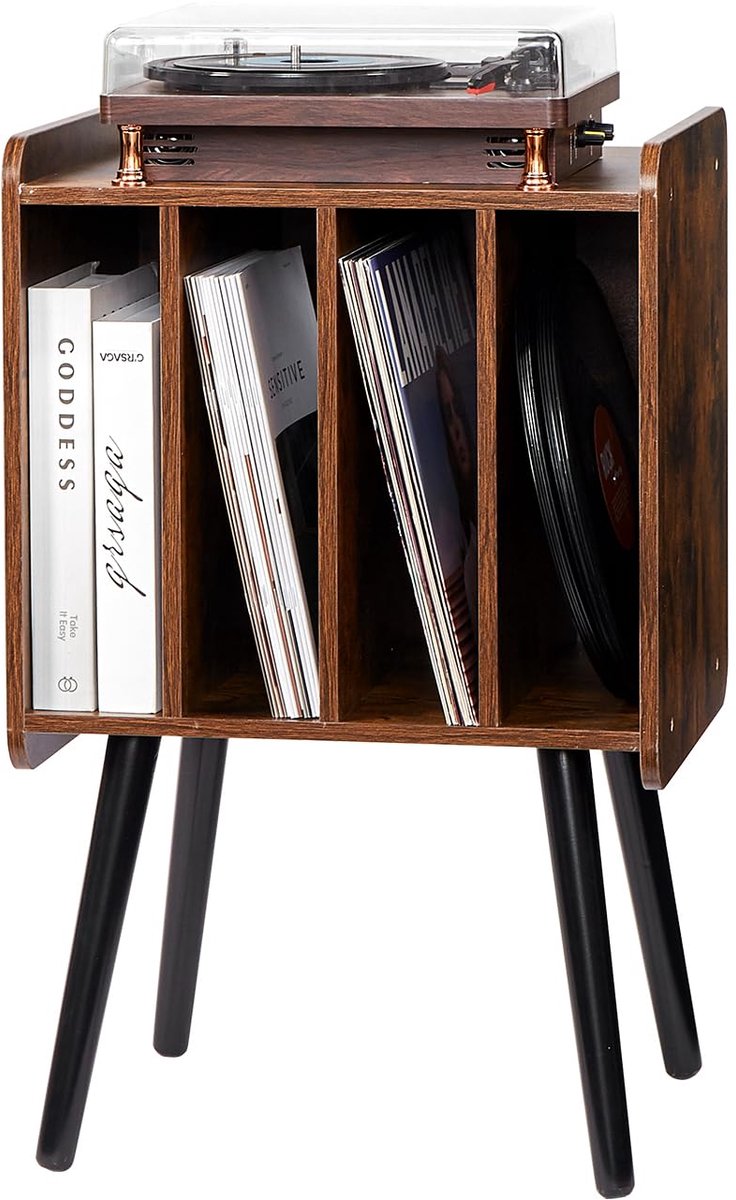 SnelShoppen - VEVOR Platenspelerstandaard met 2 Niveaus en 4 Kasten, Houten Vinylplatenopbergkast voor 100 Albums, Bruin, Ideaal voor Slaapkamer en Wo