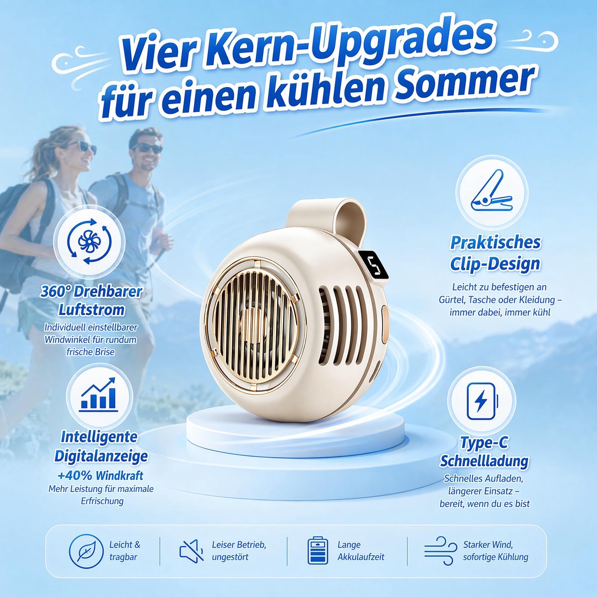 SnelShoppen - Kleine Clip Ventilator 2026 - Mini Ventilator met Clip, Draagbaar, Stil, USB Oplaadbaar, Perfect voor Thuis, Kantoor, Camping, Voertuig,