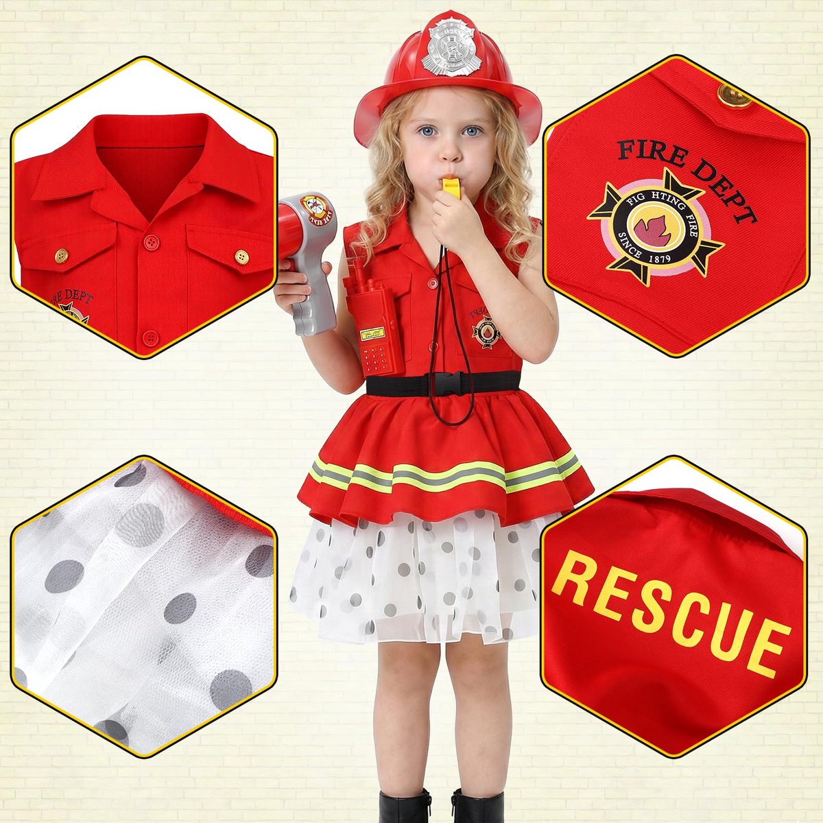 SnelShoppen - G.C Brandweerkostuum voor Kinderen, Brandweer Set, Speelgoed Jurk met Accessoires zoals Zaklamp, Walkietalkie, Helm en Brandblusser voor