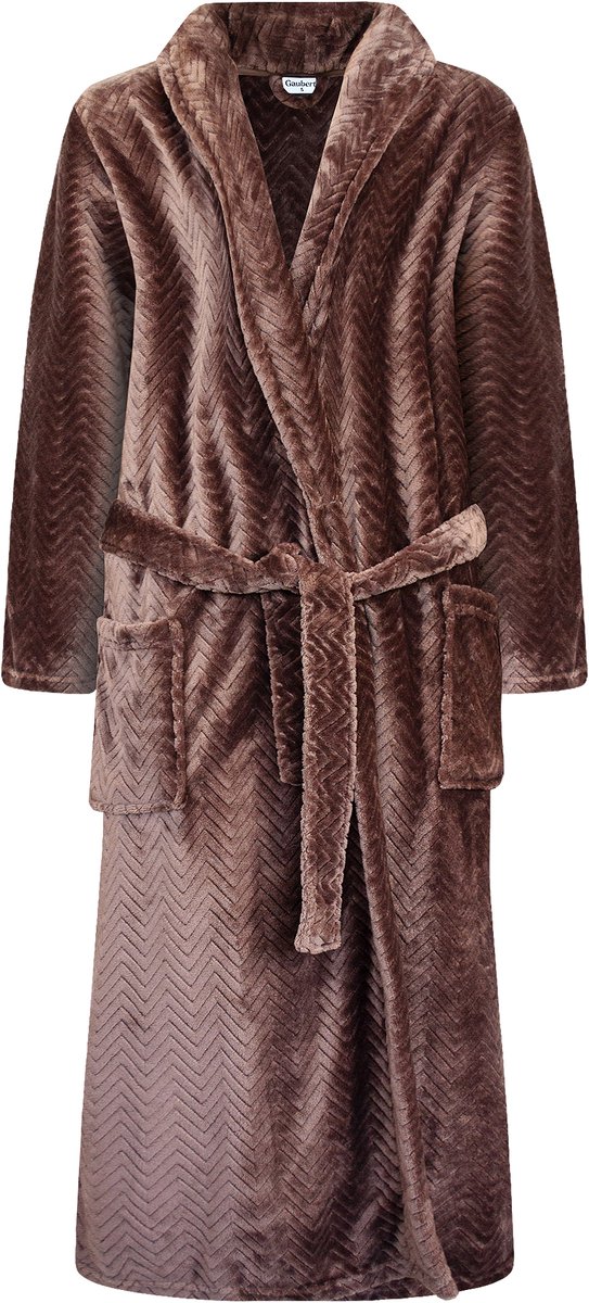 Unisex Badjas Extra Lang met Sjaalkraag en Ceintuur - Ochtendjas - Superzacht Coral Fleece - Heren Dames - Reliëf Visgraat Bruin - Maat S/M - 8212-Coffee