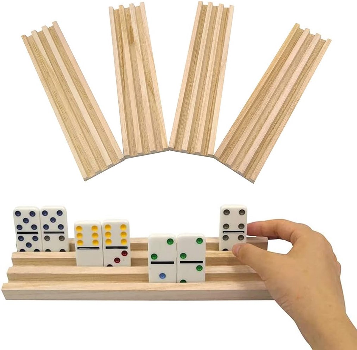 Houten Dienbladhouders - Dominospellen Houders - Gezellig Spelen - 3 Schuine Sleuven - 4 stuks - Multicolor — cadeau in Spellen & Speelgoed - foto 2
