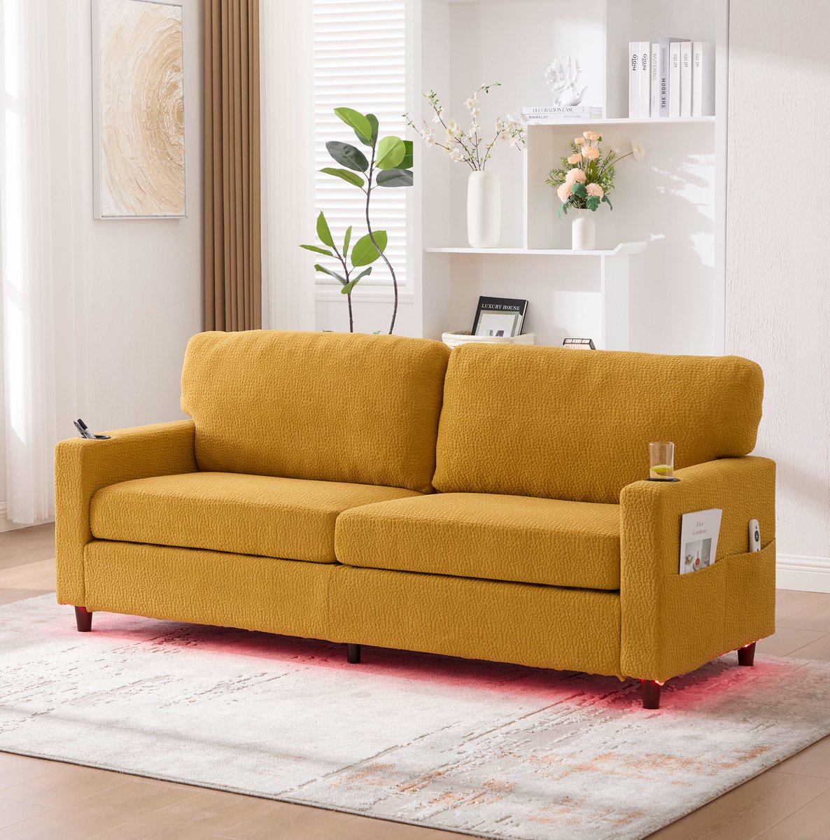 COVREO 2-zitsbank 203x77,5x86 cm - chenille, mustard yellow, met USB-C, LED en bekerhouders