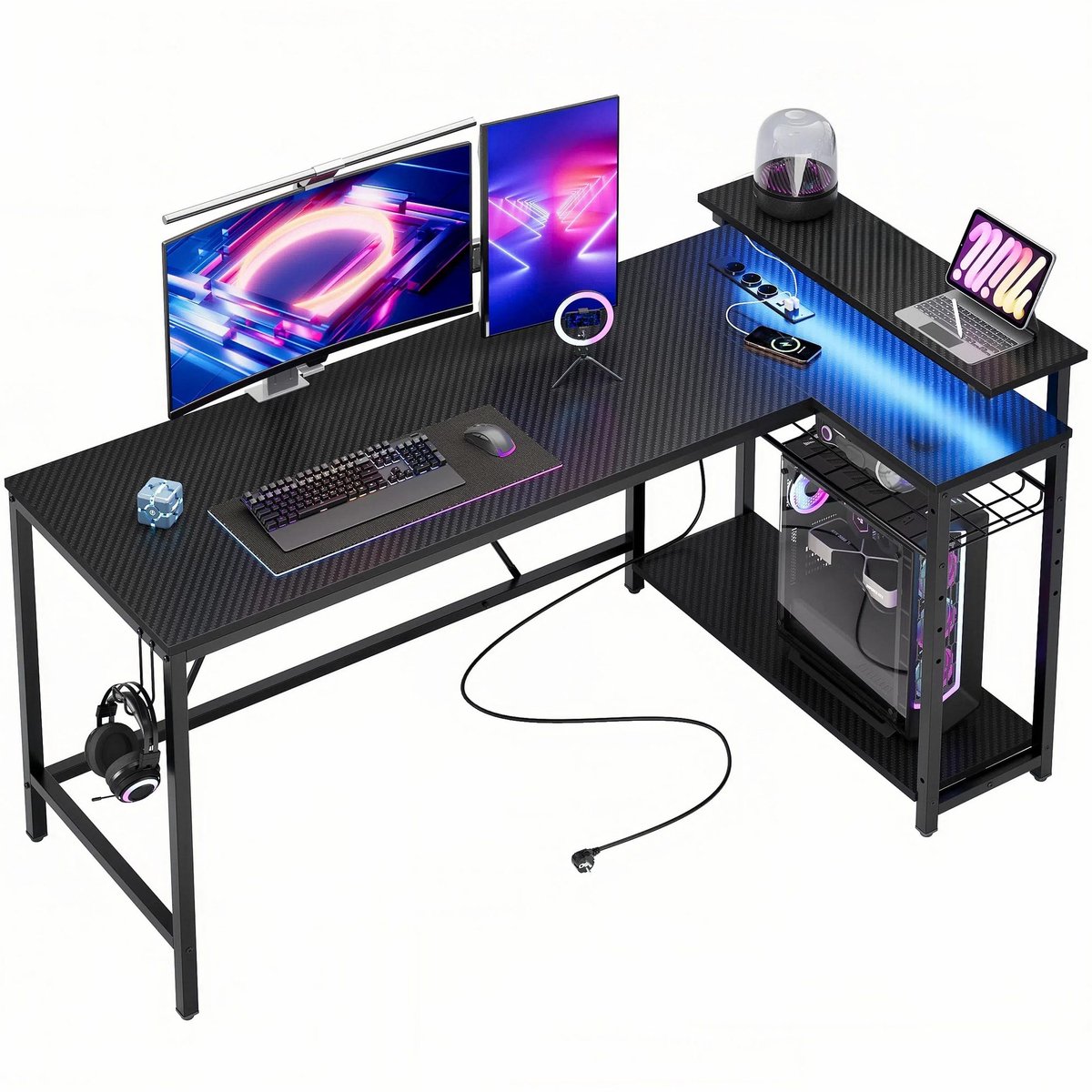 SnelShoppen - Bestier Gaming Bureautafel met LED-verlichting, Hoekbureau met 2 USB-oplaadpoorten, 3 Stopcontacten, Gaming-tafel in L-vorm met Rek & Mo