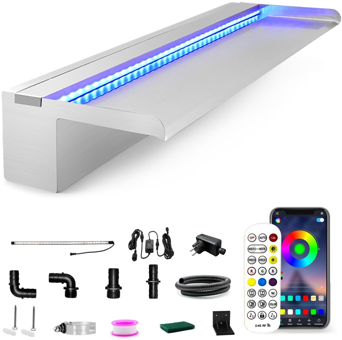 SnelShoppen - Roestvrijstalen Waterval Overlaat met APP-besturing en Multi-colour LED-licht, Watervallen Kit voor Buiten, Tuin, Patio en Zwembad Decor