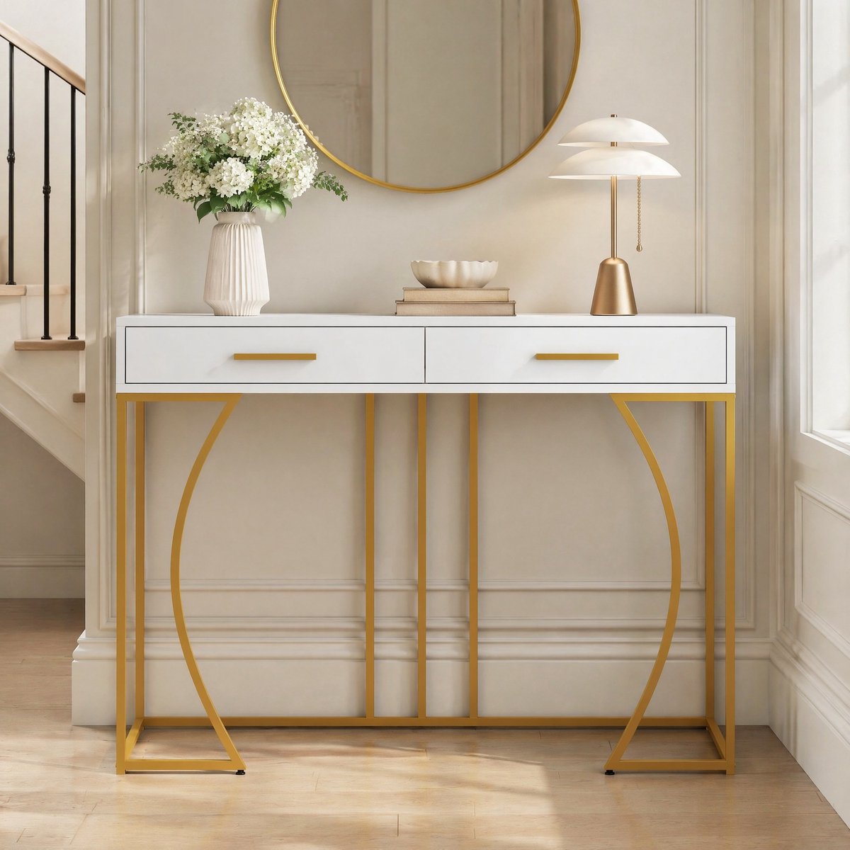 COVREO Sidetable 110 x 32 x 85 cm - wit/goud, MDF, metalen frame, 2 lades
