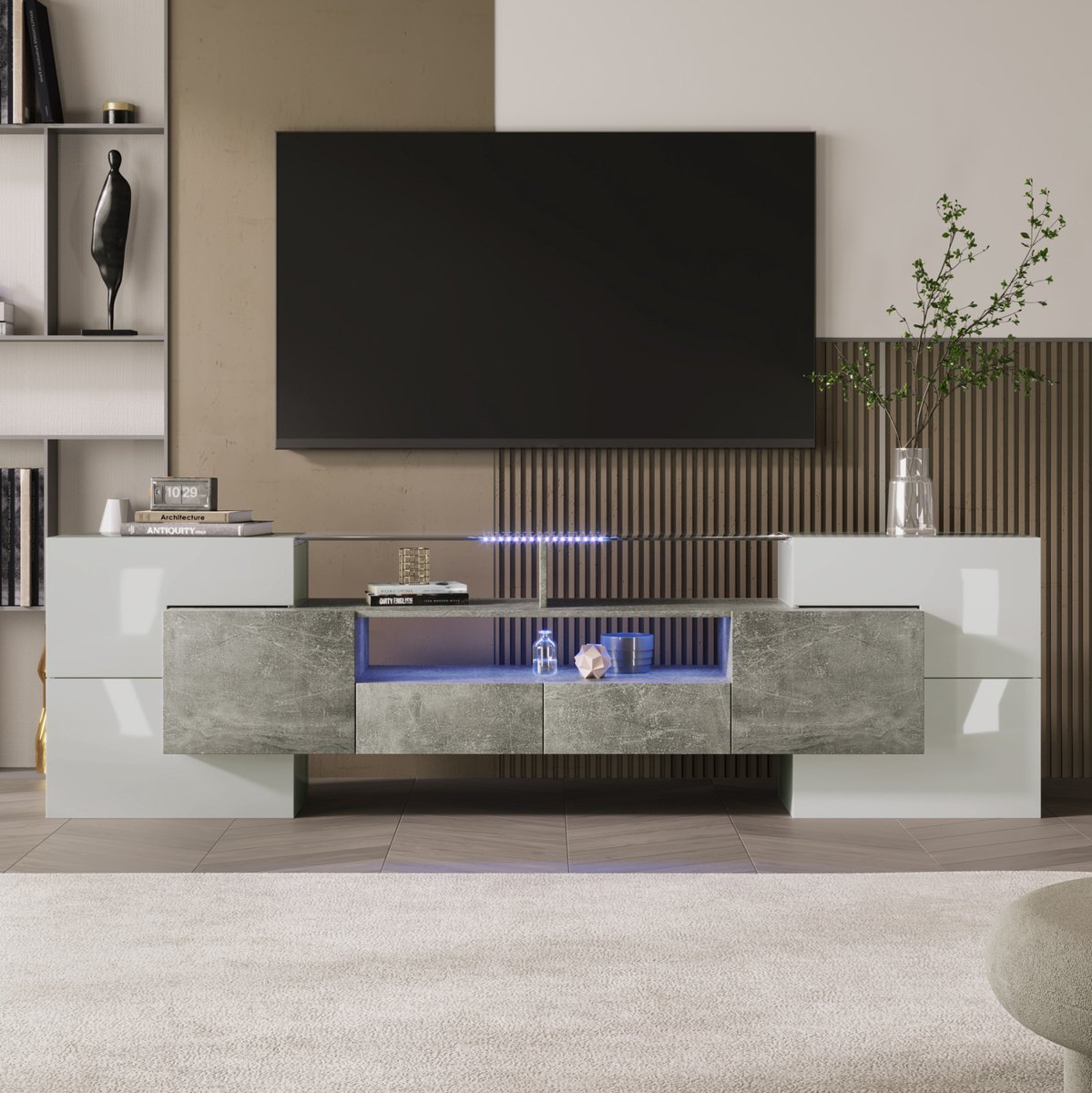 COVREO TV-meubel 200 x 35 x 60 cm - hoogglans wit en grijs, LED-verlichting