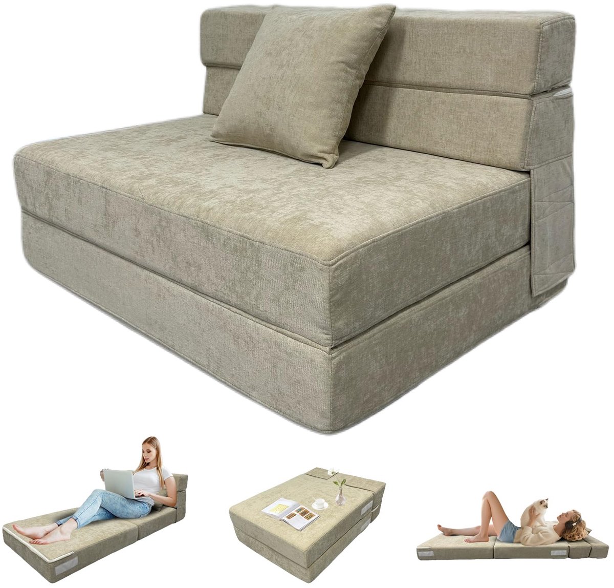 SnelShoppen - Opklapbaar Divanbed Beige met Kussen, Multifunctionele Stoel om te zetten in Matras, Afneembare Hoes, Ideaal voor Kleine Kamers en Ruimt