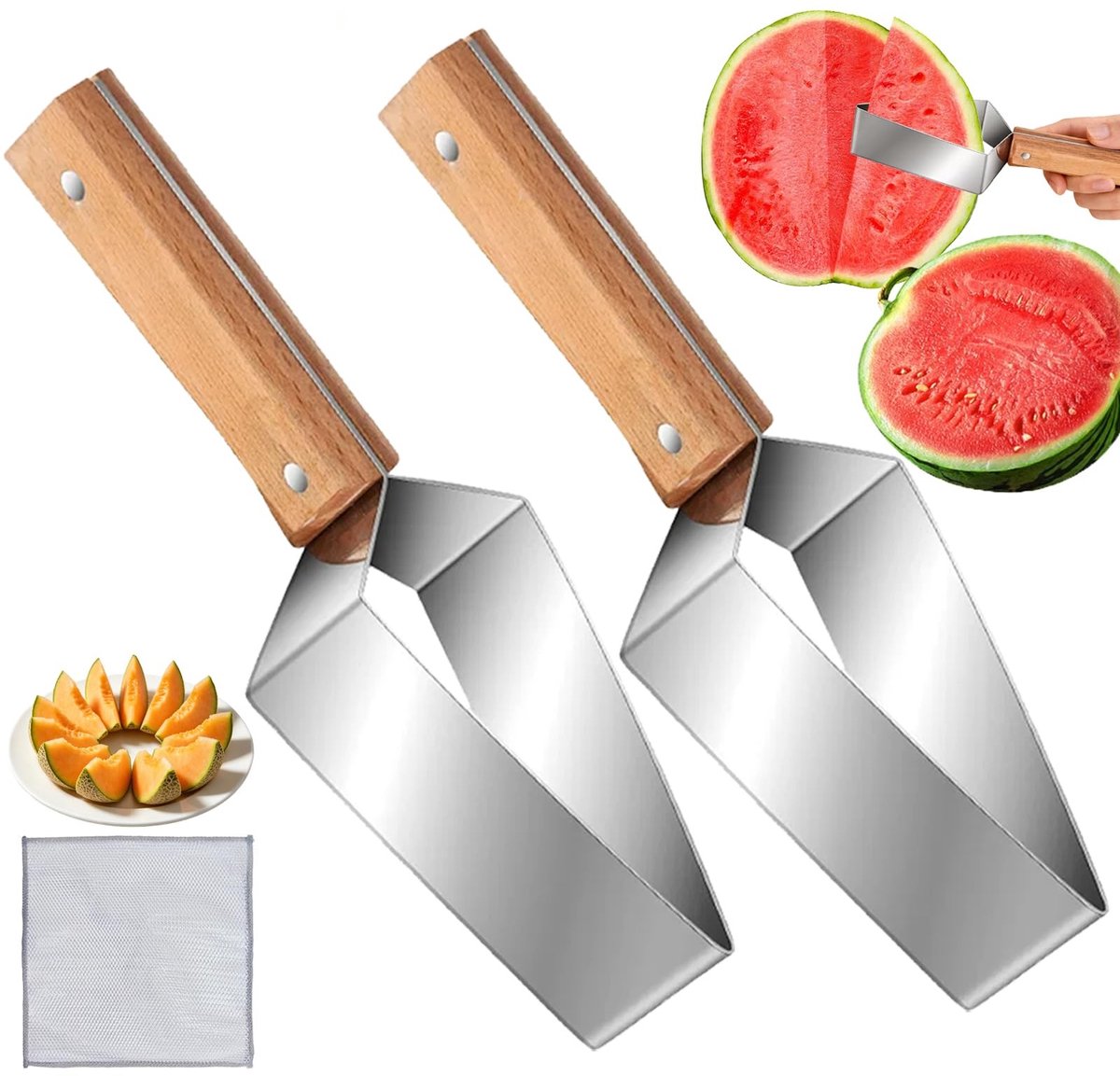 Dailygoods- Watermeloensnijder roestvrij staal - Multifunctionele Fruitsnijder - Houten Handvat - Set van 2 - Duurzaam - Handzaam