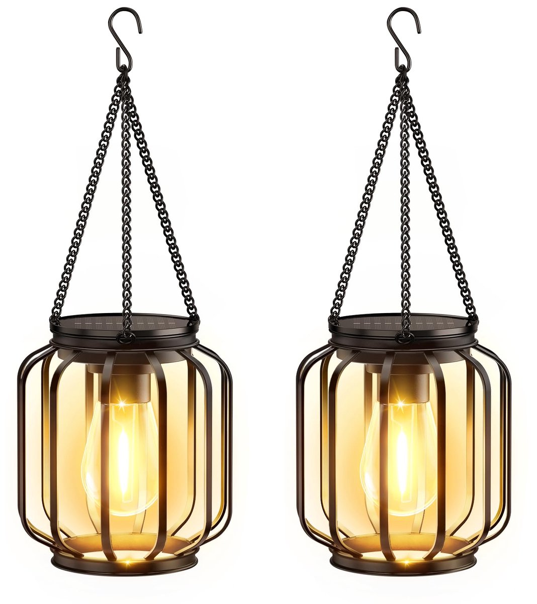 SnelShoppen - 2 Stuks BUCASA Solar Lantaarns voor Buiten - Metalen IP65 Waterdichte Tuindecoratie - Cilindrisch Zwart met Grote LED-Lamp en Haak voor