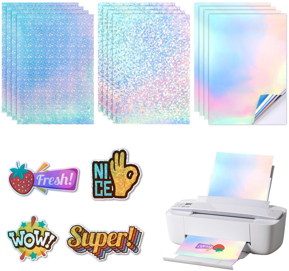 Dailygoods- Hologramfolie 12 Vellen - Vinyl Stickers - A4 Formaat 29,7 x 21 cm - Waterdicht - Zelfklevend - 3 Patronen (Glas/Laser/Sterren) - Stickerpapier