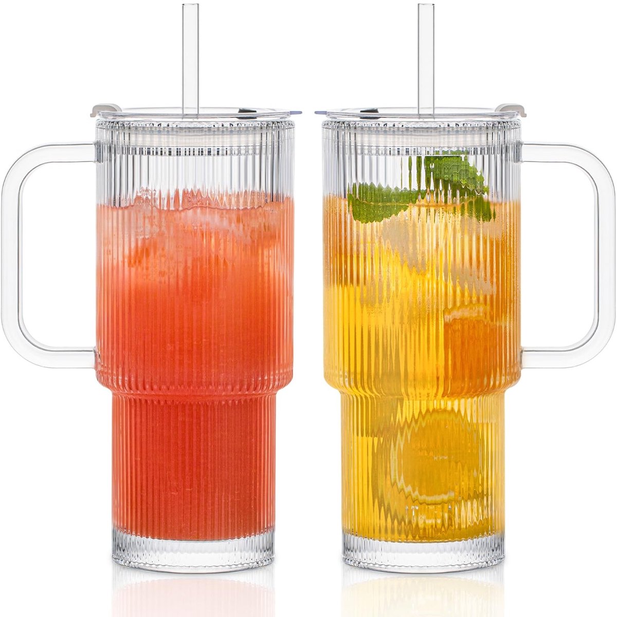 Dailygoods - 750ml Ribbelglas Bekers met Deksel en Rietjes - 2 Stuks