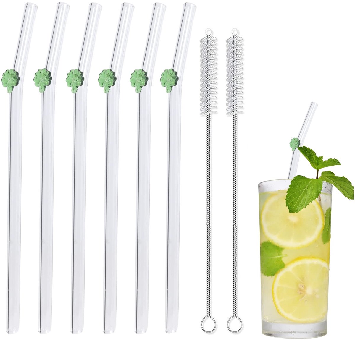 Dailygoods - Herbruikbare Glazen Rietjes - 6 Stuks met Reinigingsborstels