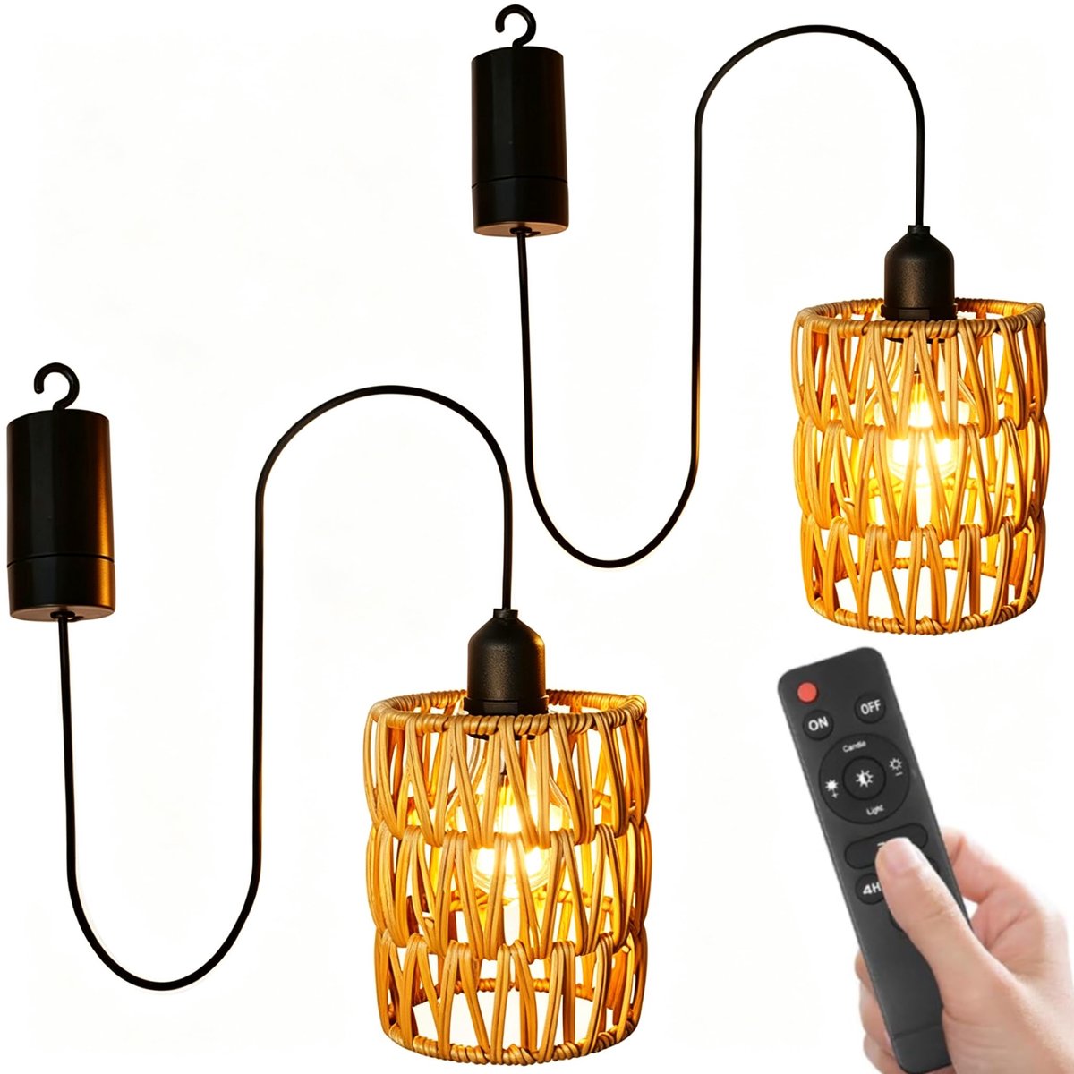 SnelShoppen - 2x Rotan Hanglamp met Afstandsbediening voor Binnen en Buiten, Boho Draagbare Mand Lampenkap, Batterij-Aangedreven, Geen Stroomaansluiti