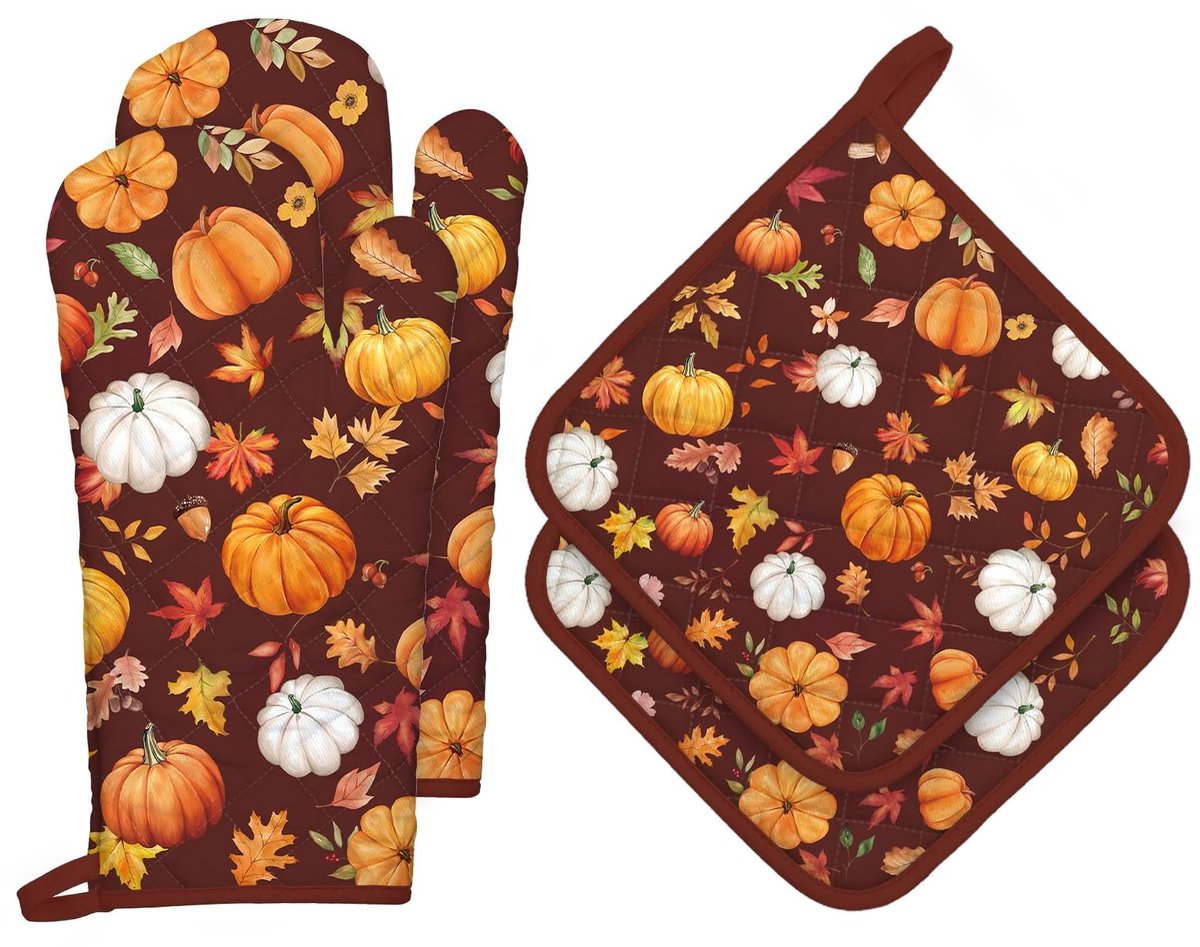 Dailygoods - Ovenwanten Herfst Pompoen Bladeren - 4-delige Set van Katoen