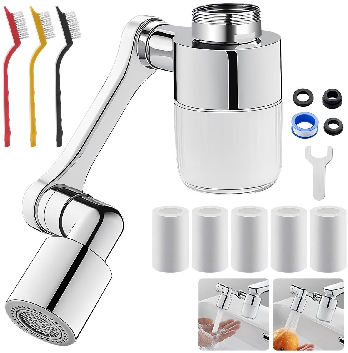 Dailygoods- Kraanopzetstuk 1080° Draaibaar - Universele Kraanverlenging - 5 Verwisselbare Filterpatronen - Reinigingsborstel - Geschikt voor Keuken/Badkamer