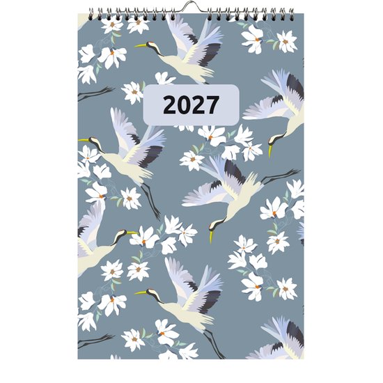2027 kalender met kraanvogels en witte bloemen op een grijze achtergrond.