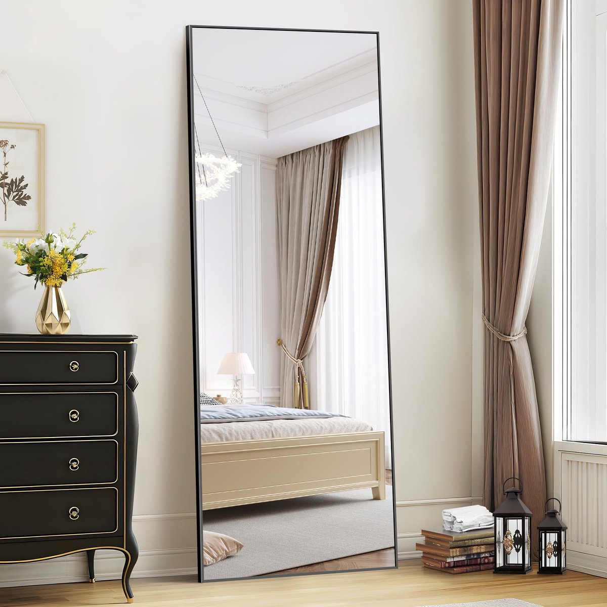 SnelShoppen - Volledige Spiegel 165 x 60 cm - Wand- en Staande Spiegel met Aluminium Frame - Zwart - Rechthoekige Full-Body Spiegel voor Hal, Fitness