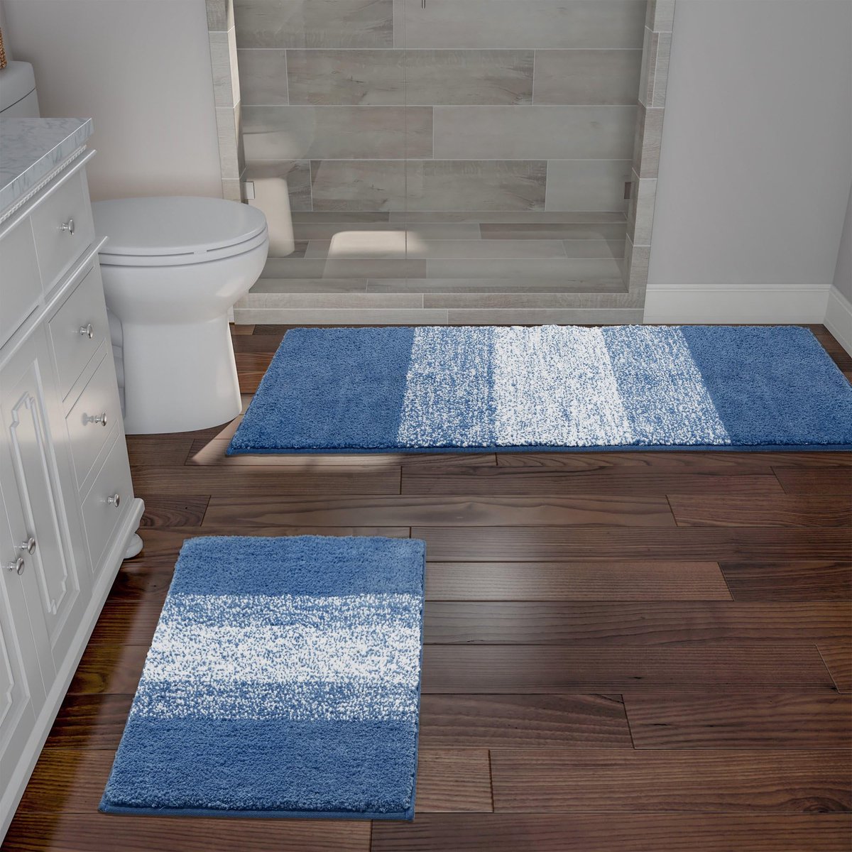 SnelShoppen - Microvezel Badmat Set 2-delig Blauw Antislip Absorberend Zachte Badmat Toiletmat Machinewasbaar Badkamerteppich 45 x 65 cm + 45 x 120 cm
