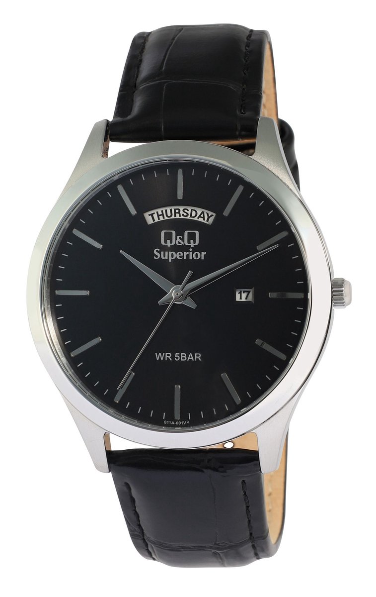Q&Q Herenhorloge echt leer zilverkleurig, datumweergave