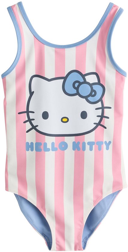 Roze en wit gestreept badpak met Hello Kitty en 'HELLO KITTY', lichtblauwe bies.