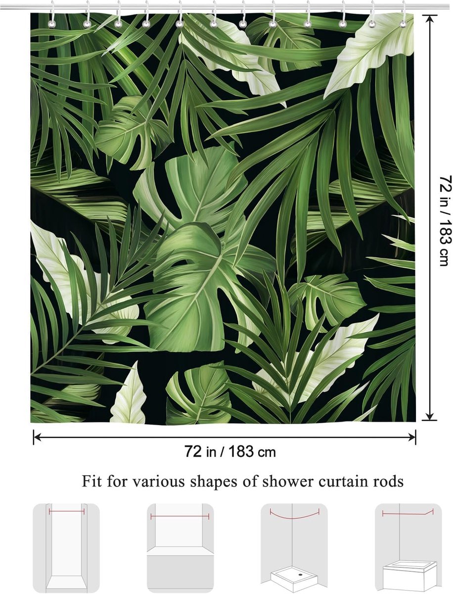 SnelShoppen - Douchegordijn Tropische Bladeren 180x180 cm - Schimmelbestendig Polyester Badkamergordijn met 12 Haken - Perfect voor Badkamer, Tropisch