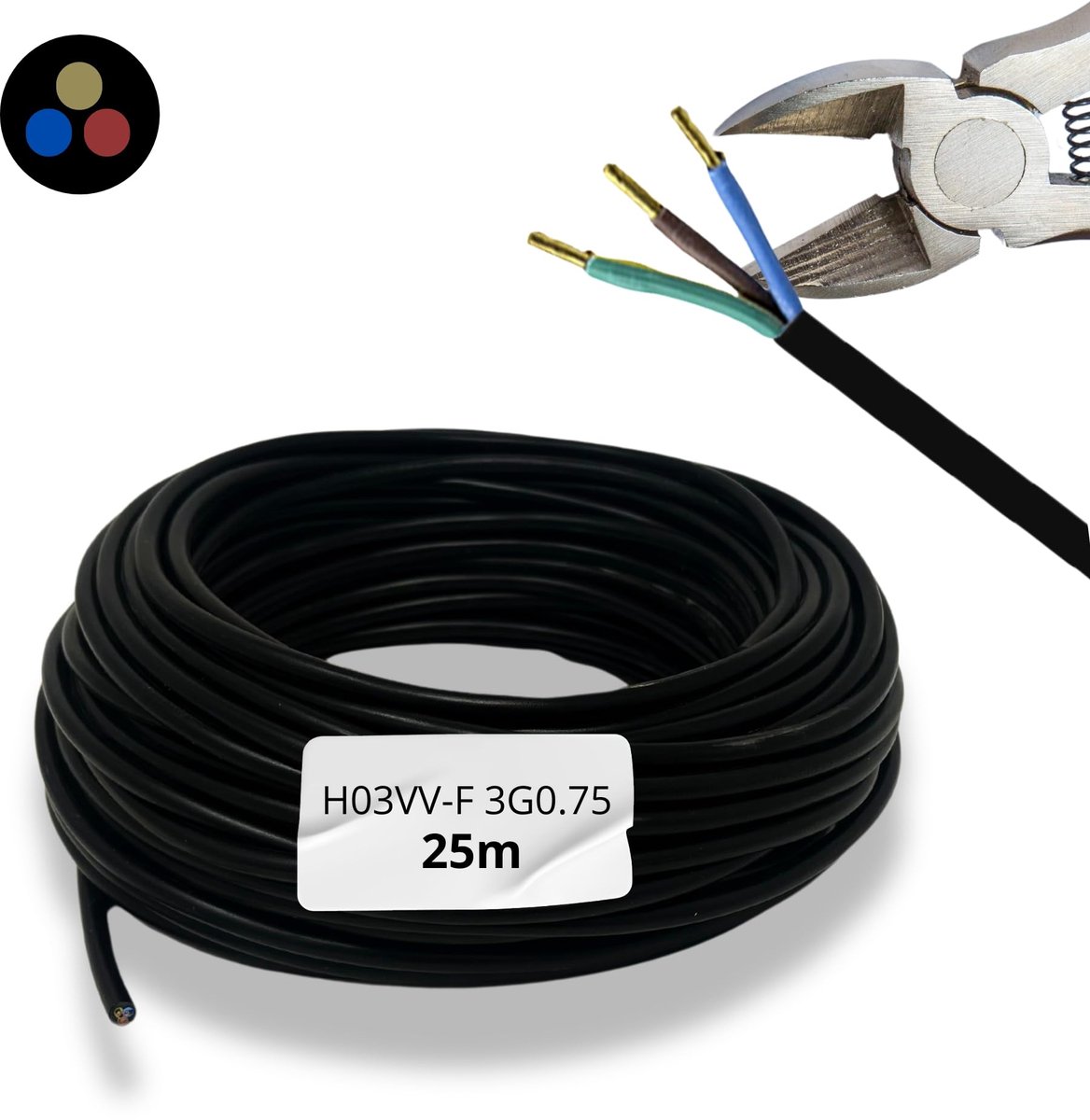 SnelShoppen - Elektriciteitskabel 25m 3 Kernen 3x0.75mm² | Flexibele H03VV-F PVC Zwart voor Huishoudelijke Installatie, Doe-het-zelf Projecten, Verlen
