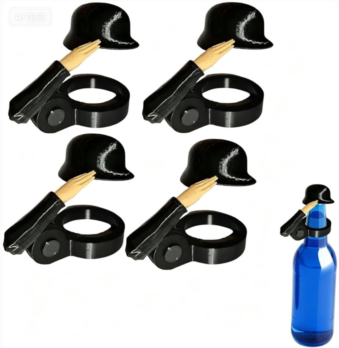4 stuks - Bierflesdoppen - Leuk ontwerp voor een soldatenhelm met saluut - Feestflesdoppen - Flesdop - Voor Feestjes, BBQ en Cadeaus - Zwart
