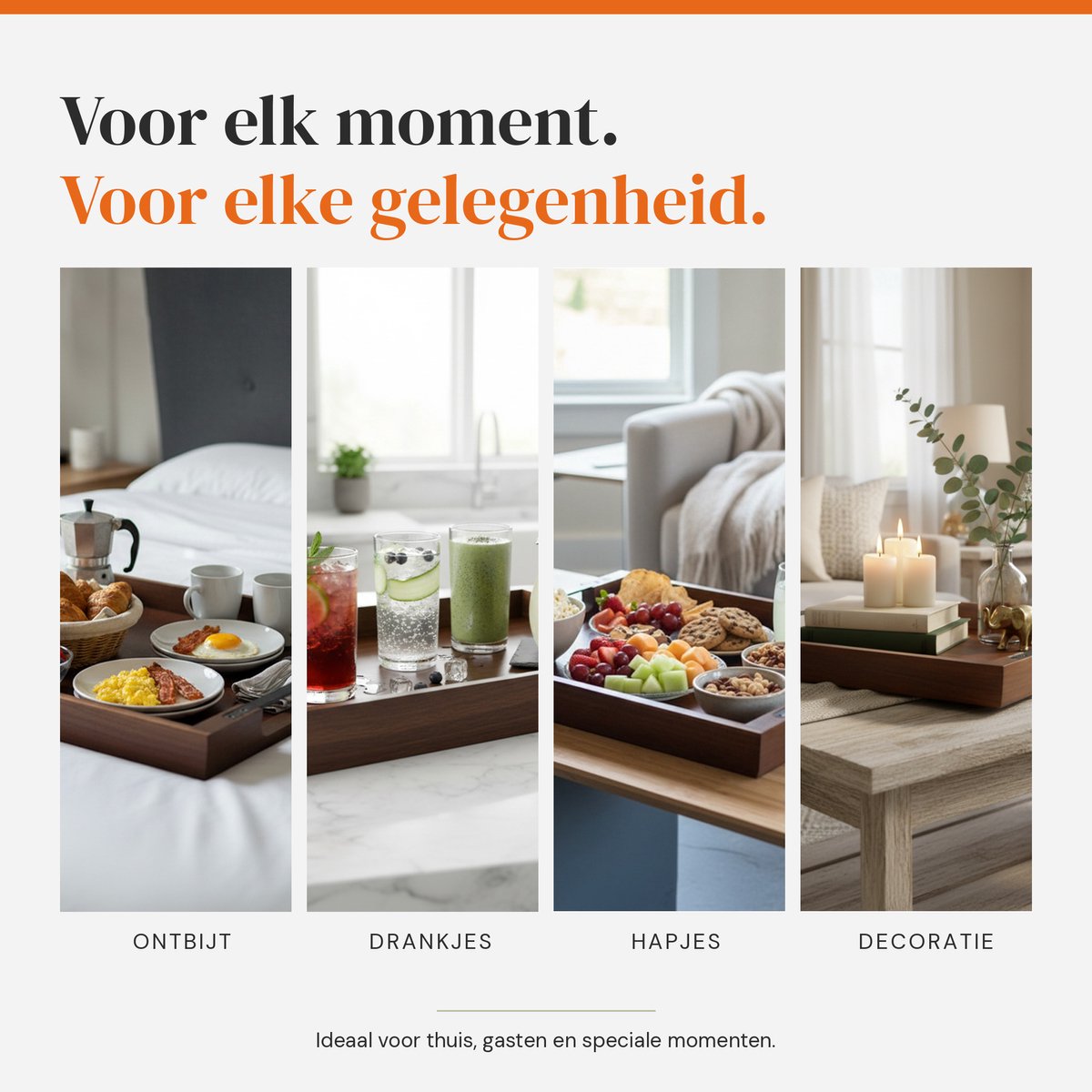 Dienblad XL Hout 53x43 cm — Acaciahout Rechthoekig — Met Stevige Metalen Handgrepen — Extra Groot voor Ontbijt op Bed, Serveerplaat, Schootdienblad — Belgisch Merk Les Plaisirs du Chef — cadeau in Koken & Dineren - foto 6