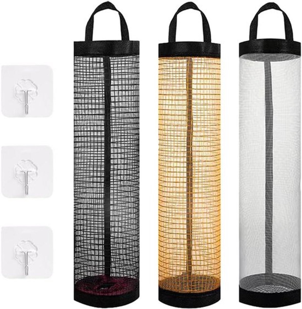 Plastic zakhouder met kleverige haken - Opvouwbare mesh opbergtas - Vuilniszak dispenser - Keuken opslag- 3 stuks