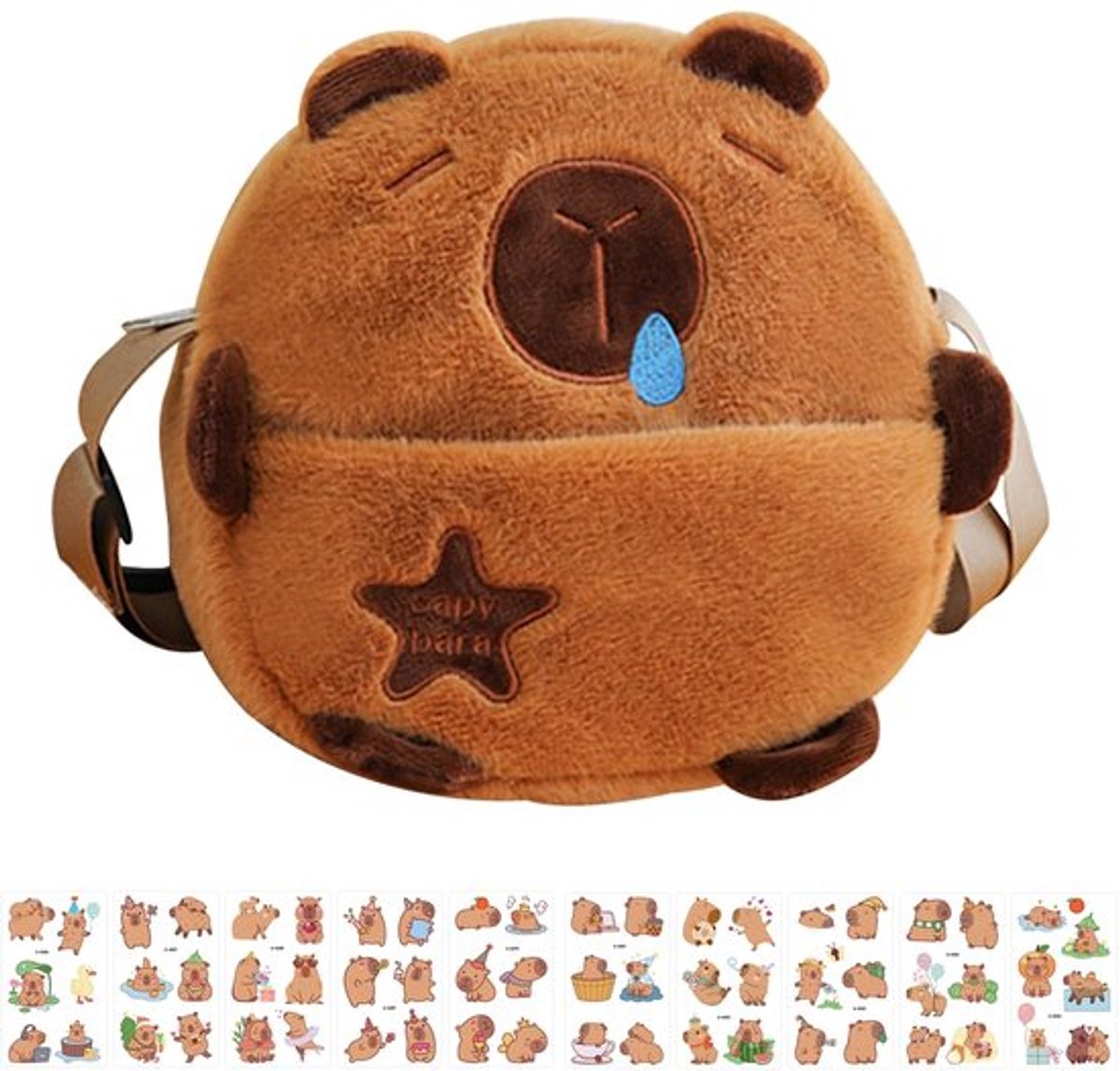 Pluche tas - Schattige Capybara Handtas - Voor Meisjes - Bruin - Leuke Capybara Schoudertas - Cadeau voor Meisjes - Inclusief 10 ..