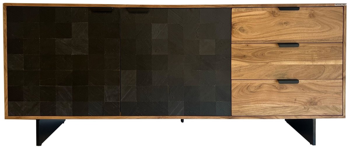 Ervesto Dressoir 175x76x40 Cm - Acacia Massief Hout - Sideboard Opbergkast - 3 Lades En 2 Deuren - Modern Design - Zwart Metalen Poten