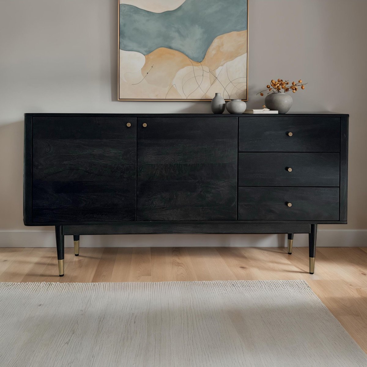 Ervesto Dressoir 160x81x42 Cm - Acacia Massief Hout - Ladekast - Zwart Met Goudkleurige Accenten - Modern Design - Handgemaakt