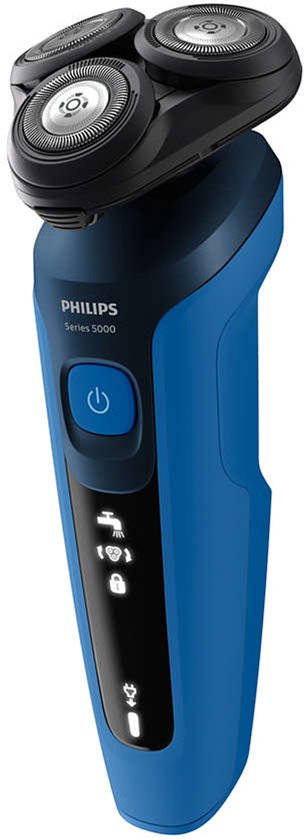 Rasoir électrique bleu Philips Série 5000 avec trois têtes rotatives.